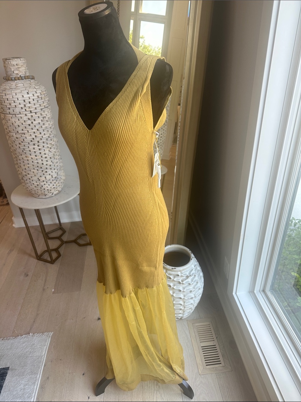 Anthropologie Mustard Yellow Ribbed Knit Maxi Dress with Tulle Hem - Picture 2 of 4